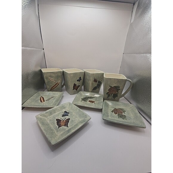 Set Of 4 MWW Market Plates 4.5” & Mugs Green Butterflies, Feather, Leaves, Acorn - Picture 2 of 8